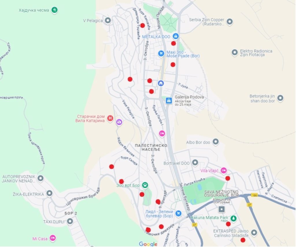 Lokacije prvih 15 odabranih stanova na karti grada Bora (označene crvenim tačkama)
